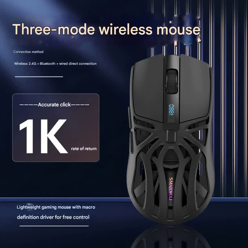 Tri-Mode Wireless Gaming Mouse - 1KHz Polling, 10000 DPI, Digital Display, Lightweight 73g(Purple)