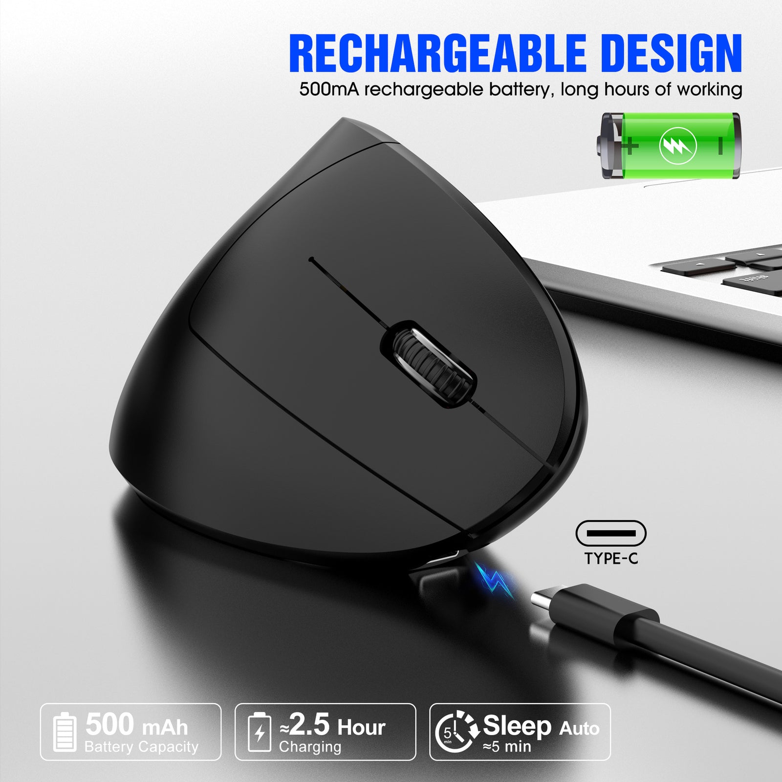 Ergonomic Vertical Wireless Mouse - 2.4G/Bluetooth, Rechargeable, RGB Light, 4 DPI Levels(black)