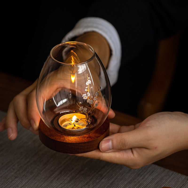 Windproof Glass Candle Cover with Wood Base - For Tealights, Zen Home Accent (Plum blossom candlestick)