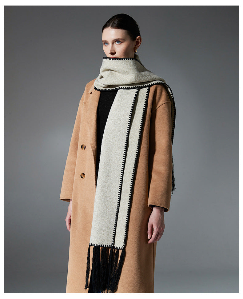 Beige Contrast Edge & Tassel Scarf - Chic Autumn/Winter Neckwear (190x30cm)