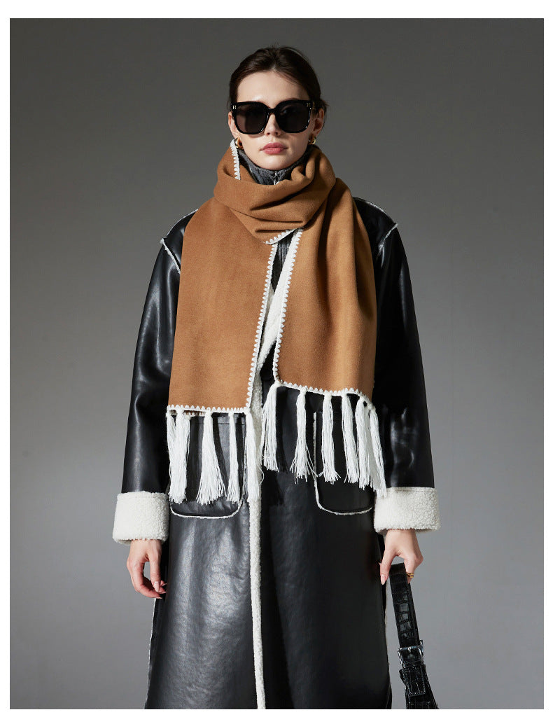 Camel Contrast Edge & Tassel Scarf - Chic Autumn/Winter Neckwear (190x30cm)