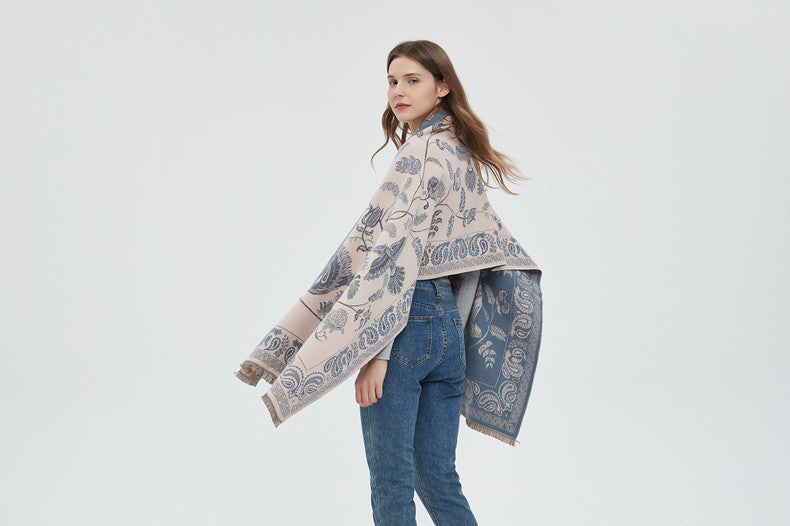 Women's Soft Jacquard Shawl - Paisley & Bird Floral Print Scarf(190x65cm)