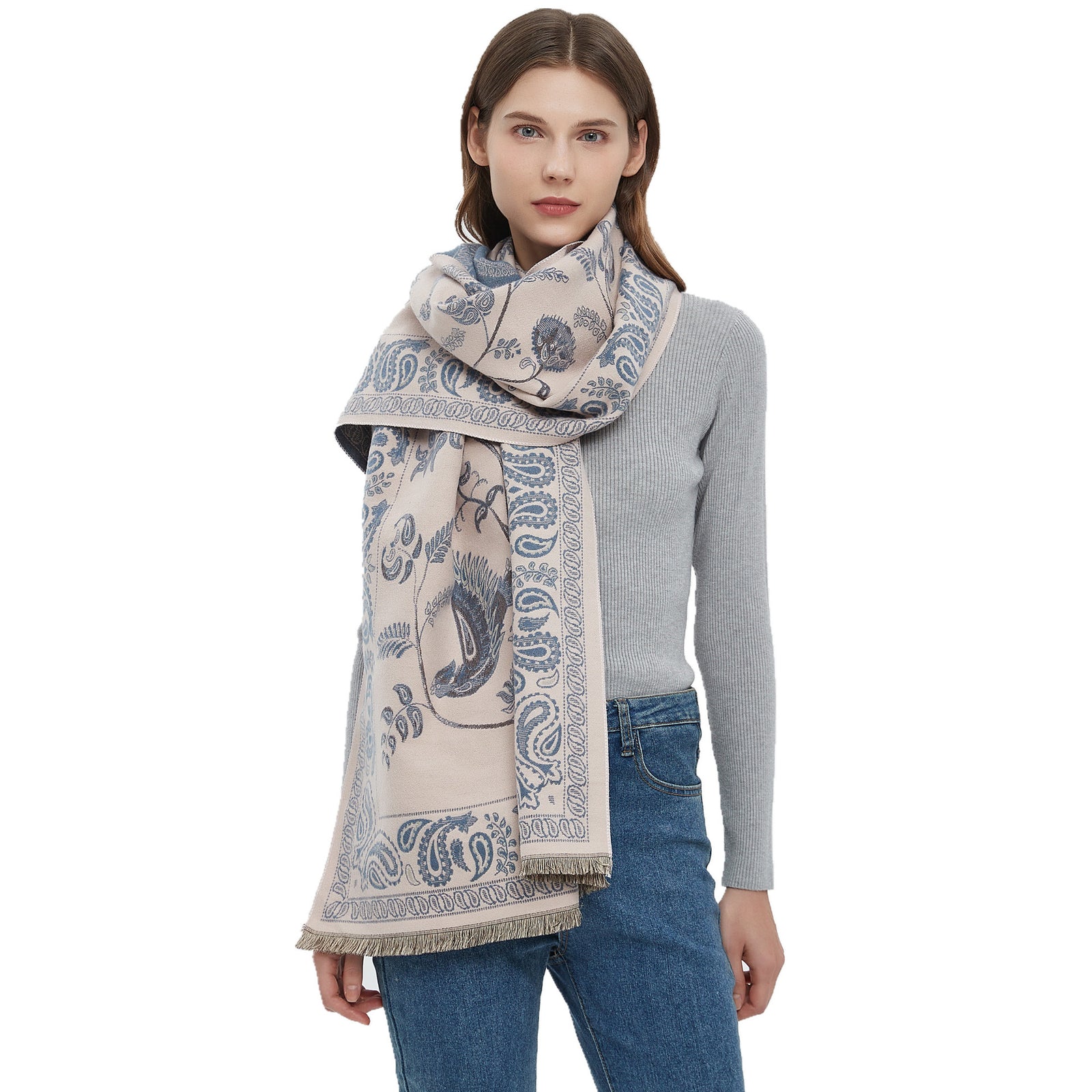 Women's Soft Jacquard Shawl - Paisley & Bird Floral Print Scarf(190x65cm)