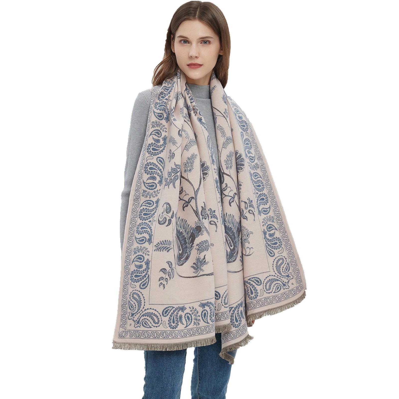 Women's Soft Jacquard Shawl - Paisley & Bird Floral Print Scarf(190x65cm)