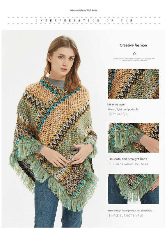 Brown Lightweight Chevron Knit Poncho for Women - Elegant Fringed Shawl Wrap