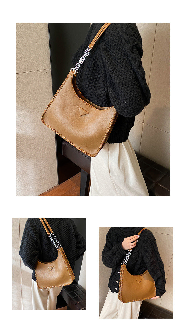 Brown Chic PU Leather Shoulder Bag with Chain Strap & Whipstitch Detail