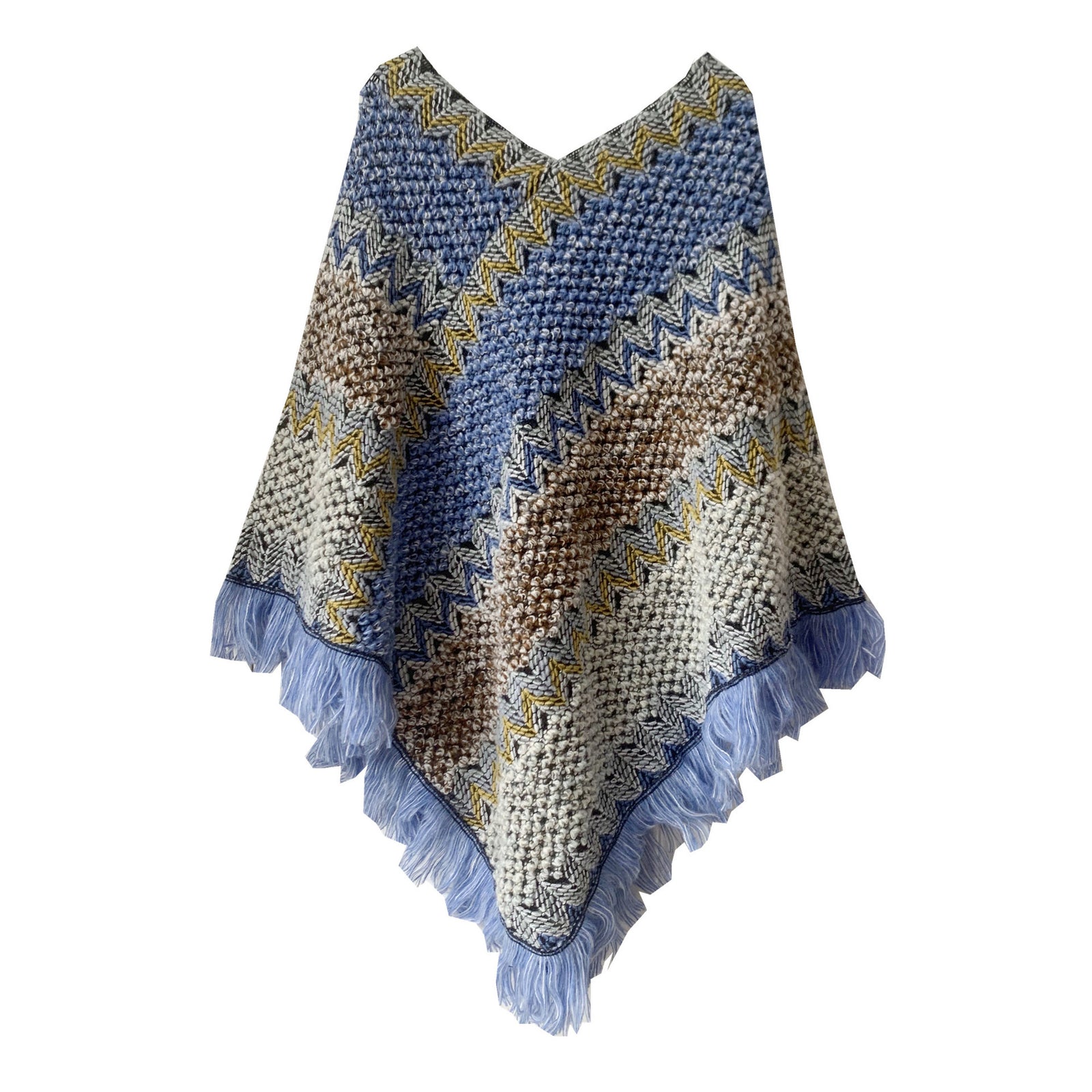 Blue brown Lightweight Chevron Knit Poncho for Women - Elegant Fringed Shawl Wrap
