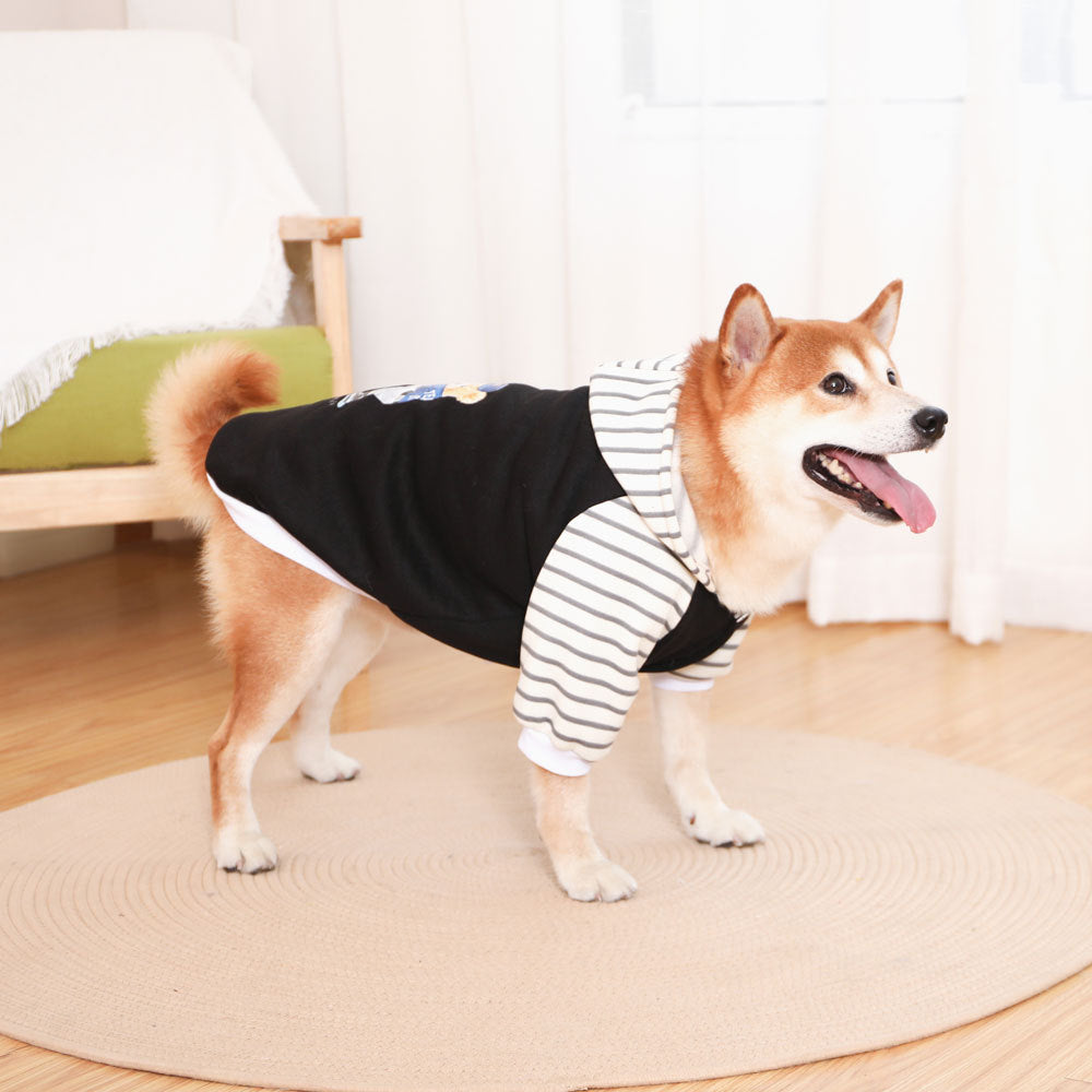 Autumn/Winter Dog Clothes - Black Hoodie with Striped Hood & Baseball Bear (Size - L)