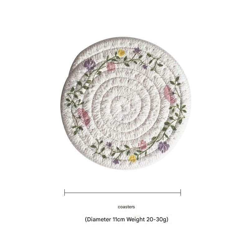 (Flowers) Cotton Rope Woven Placemats - Set of 5, 11cm Diameter Heat Resistant Kitchen Decor