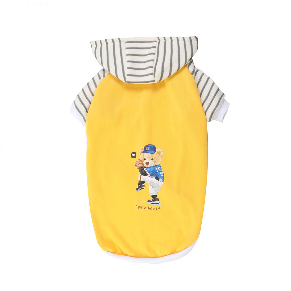 Autumn/Winter Dog Clothes - Yellow Hoodie with Striped Hood & Baseball Bear (Size - 4XL)