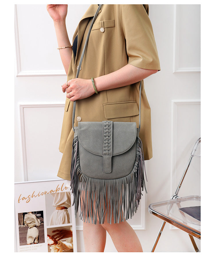Coffee Chic Bohemian Fringe Crossbody Bag - Suede-Look PU Leather with Braided Detail & Adjustable Strap