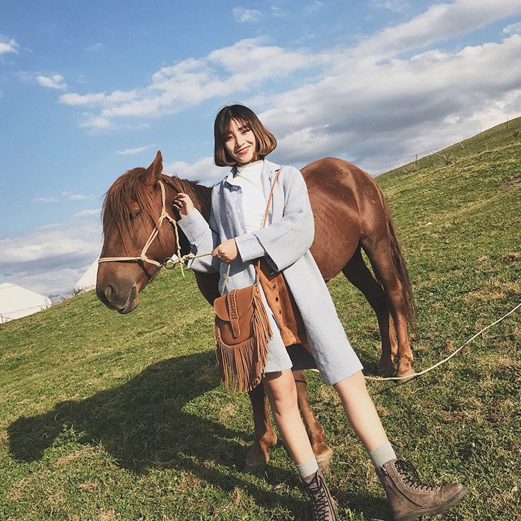 Coffee Chic Bohemian Fringe Crossbody Bag - Suede-Look PU Leather with Braided Detail & Adjustable Strap