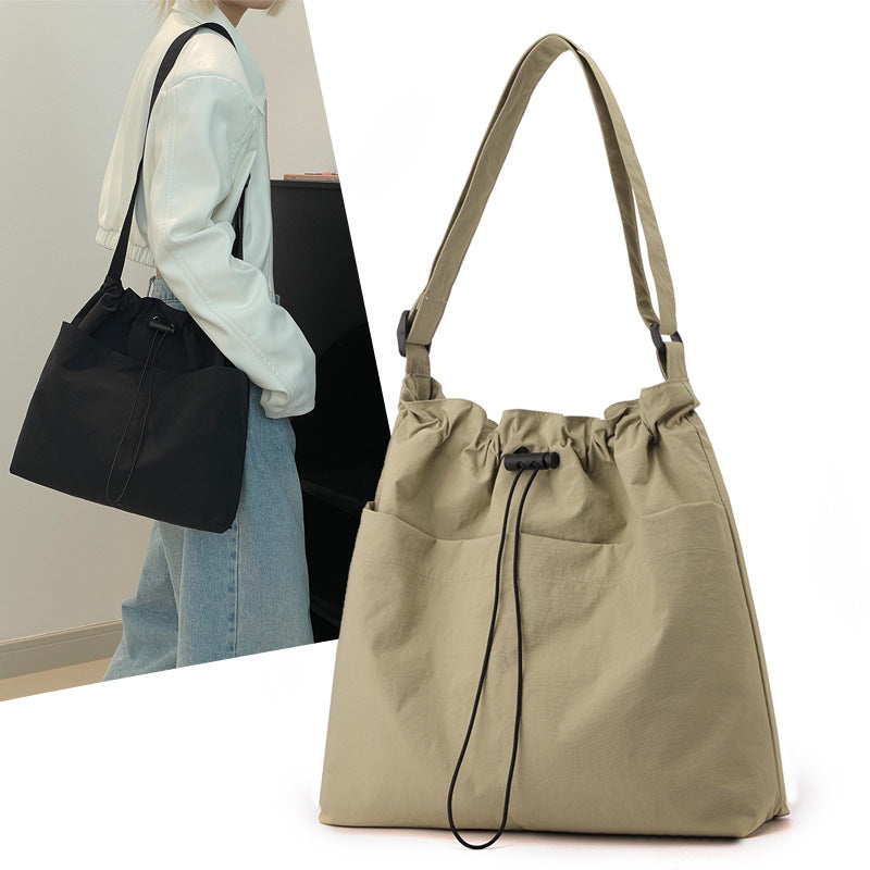 Green Chic Lightweight Nylon Drawstring Tote Bag - Multi-Pocket Casual Shoulder & Crossbody
