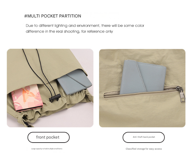 Green Chic Lightweight Nylon Drawstring Tote Bag - Multi-Pocket Casual Shoulder & Crossbody