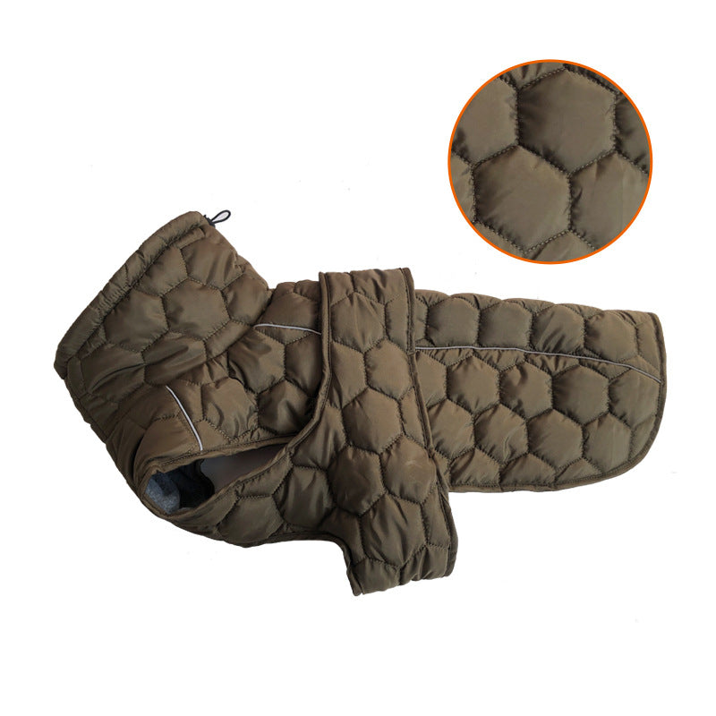 Size M Olive Green Warm Quilted Dog Winter Coat - Adjustable Fleece-Lined Puffer Vest with Reflective Trim & Leash Port