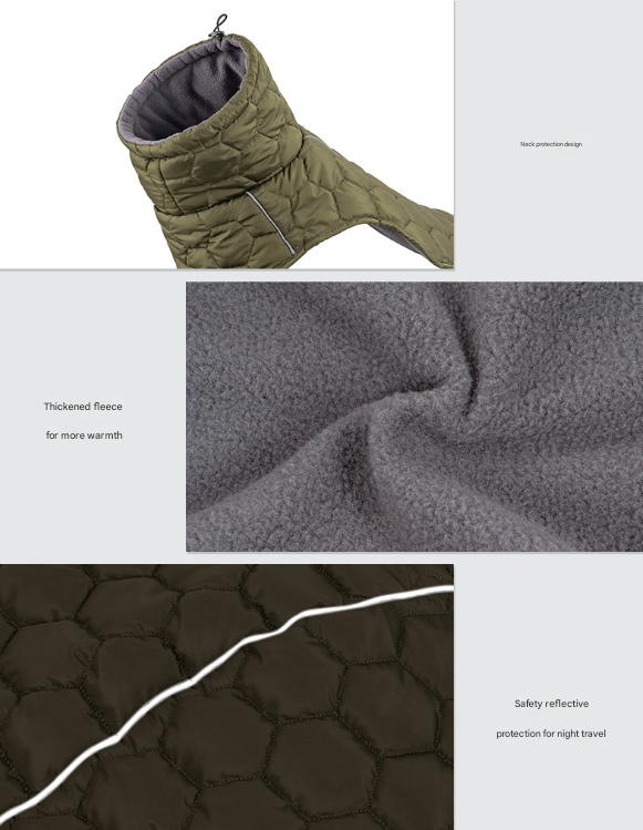 Size L Olive Green Warm Quilted Dog Winter Coat - Adjustable Fleece-Lined Puffer Vest with Reflective Trim & Leash Port