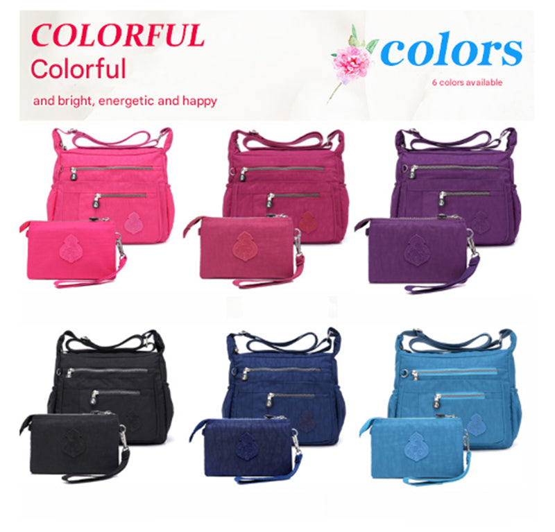 Rose Red Versatile Womens Nylon Water-Repellent Crossbody Shoulder Bag Set with Matching Clutch Pouch - Lightweight & Multi-Pocket