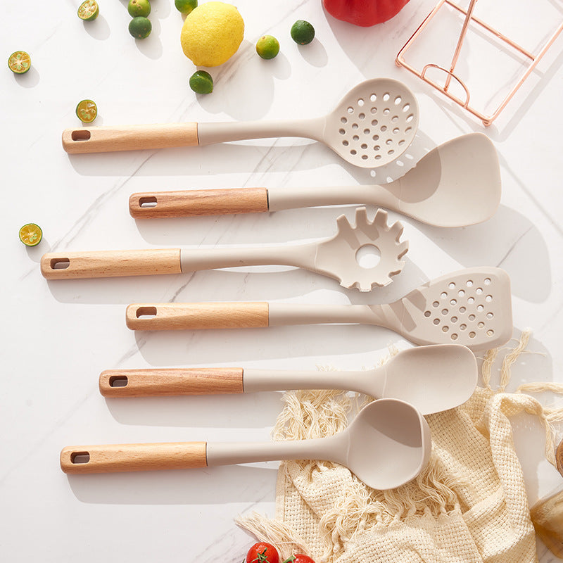Beige Elegant 7-Piece Silicone Kitchen Utensil Set with Wooden Handles & Rose Gold Stand - Non-Stick Cookware Safe