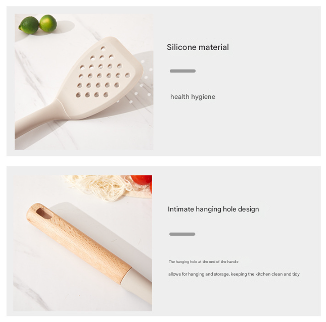 Beige Elegant 7-Piece Silicone Kitchen Utensil Set with Wooden Handles & Rose Gold Stand - Non-Stick Cookware Safe