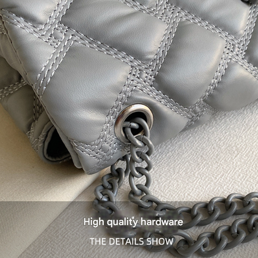 Grey Chic Quilted Crossbody Bag for Women - PU Leather Diamond Pattern Chain Strap Shoulder Purse with Elegant Clasp