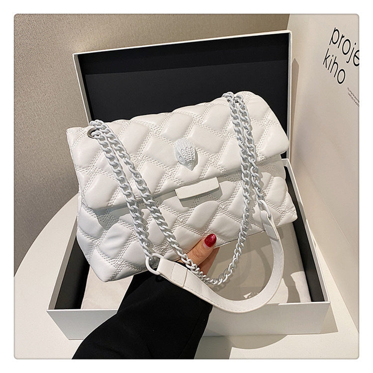 White Chic Quilted Crossbody Bag for Women - PU Leather Diamond Pattern Chain Strap Shoulder Purse with Elegant Clasp