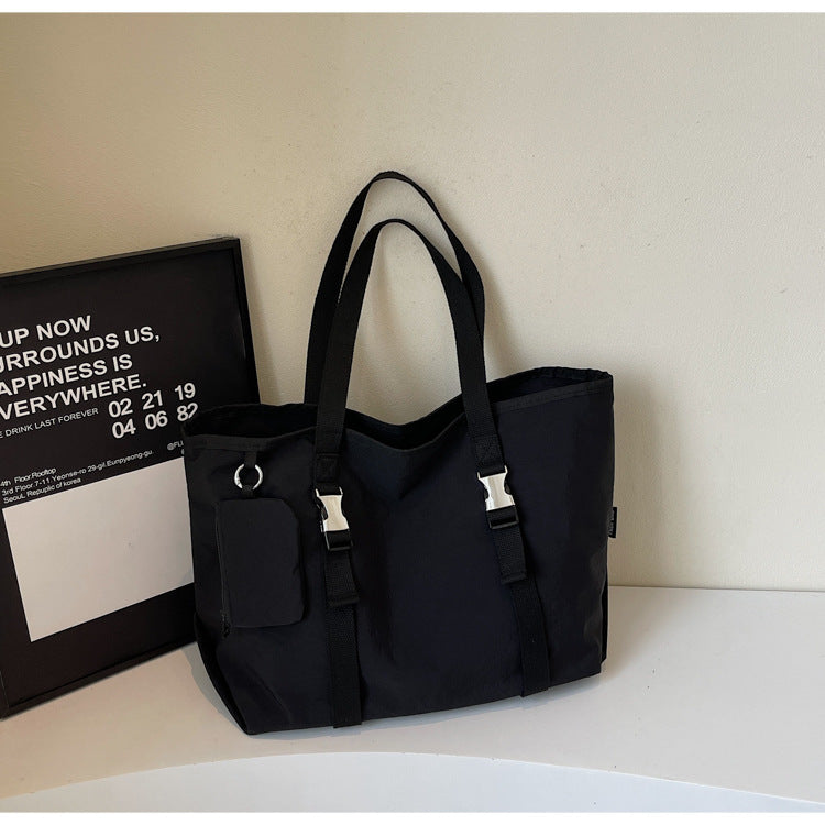Black Women's Large Capacity Nylon Tote Bag - Stylish Casual Shoulder & Crossbody Bag with Detachable Pouch