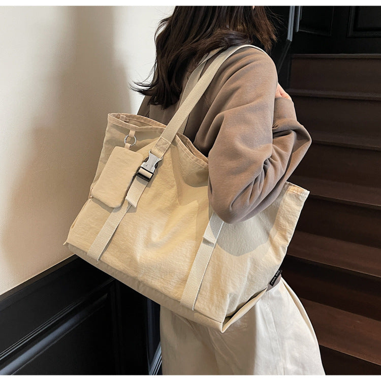 Beige Women's Large Capacity Nylon Tote Bag - Stylish Casual Shoulder & Crossbody Bag with Detachable Pouch