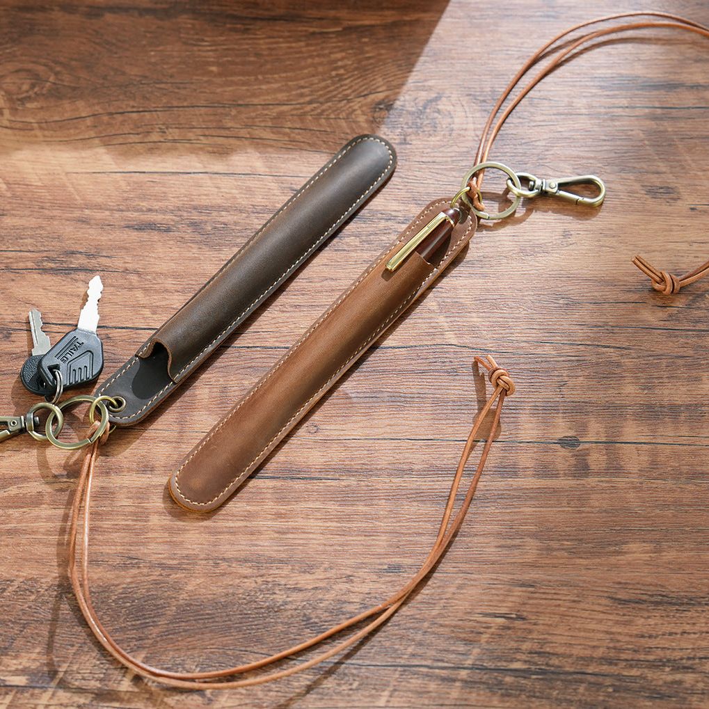 Coffee Vintage Top-Grain Leather Pen Sleeve Holder with Neck Strap - Protective Single Pen Case