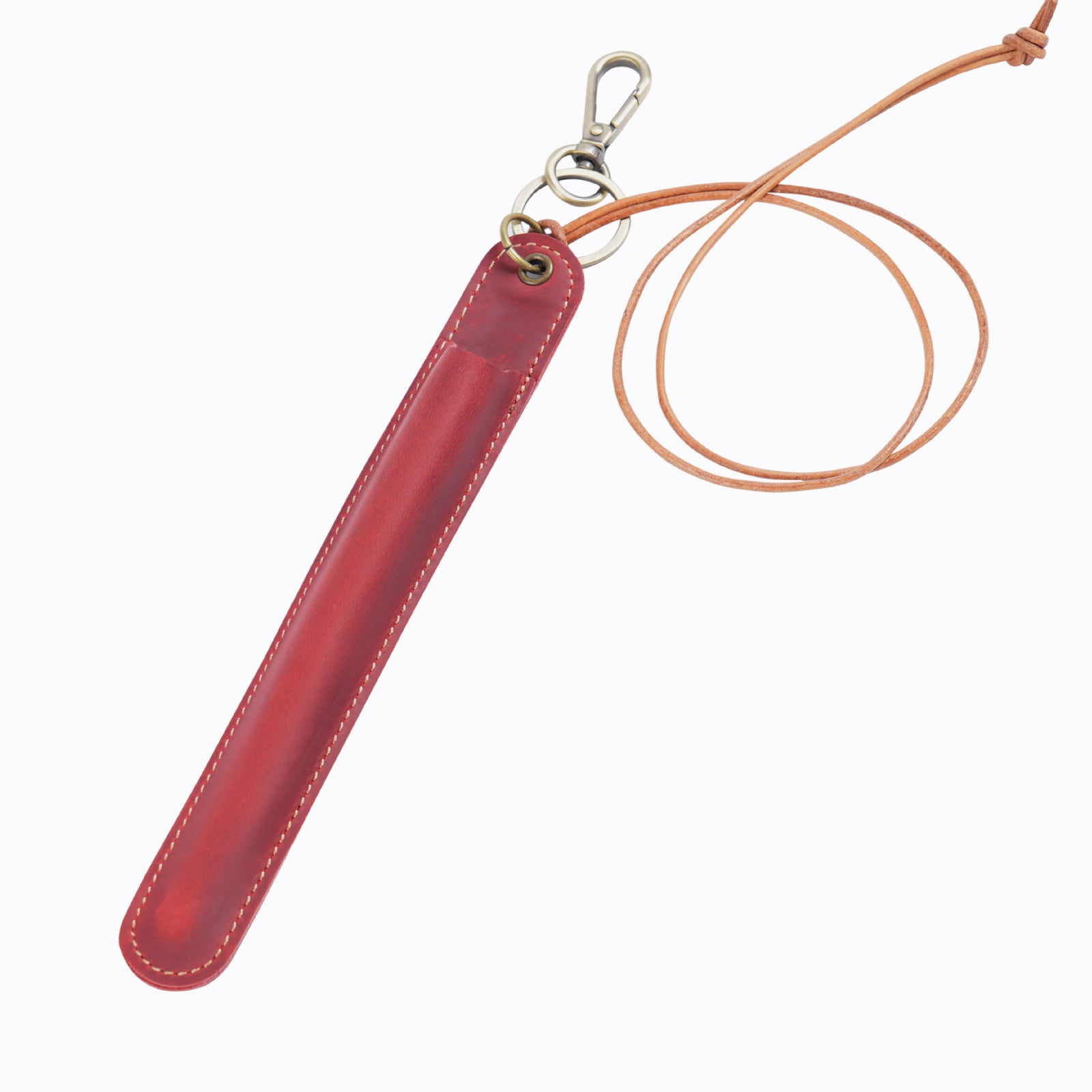 Red Vintage Top-Grain Leather Pen Sleeve Holder with Neck Strap - Protective Single Pen Case