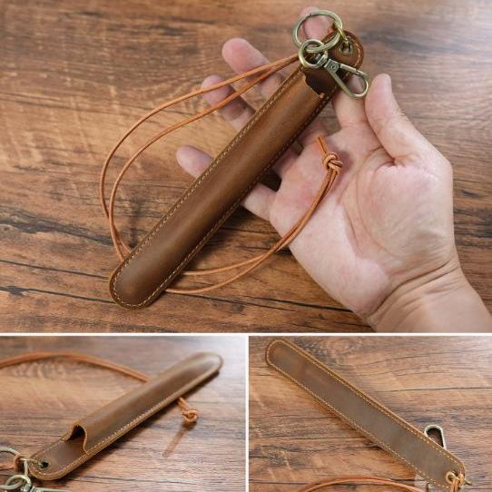 Red Vintage Top-Grain Leather Pen Sleeve Holder with Neck Strap - Protective Single Pen Case