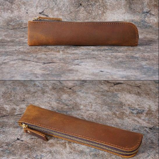 Black Vintage Crazy Horse Leather Zippered Pen Case - Retro Pencil Pouch & Small Accessories Bag