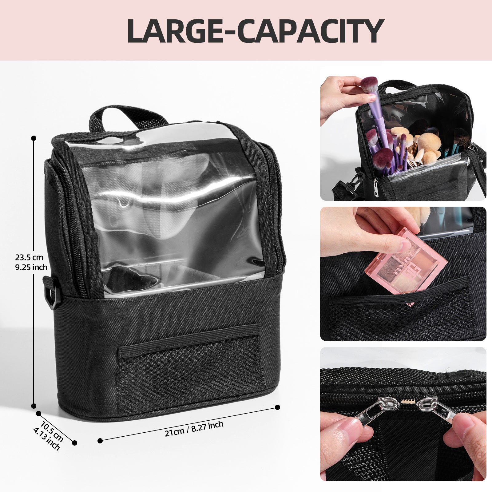 Black Professional Makeup Bag Organizer - Large Capacity Travel Cosmetic Case with Brush Holder, Adjustable Dividers & Shoulder Strap