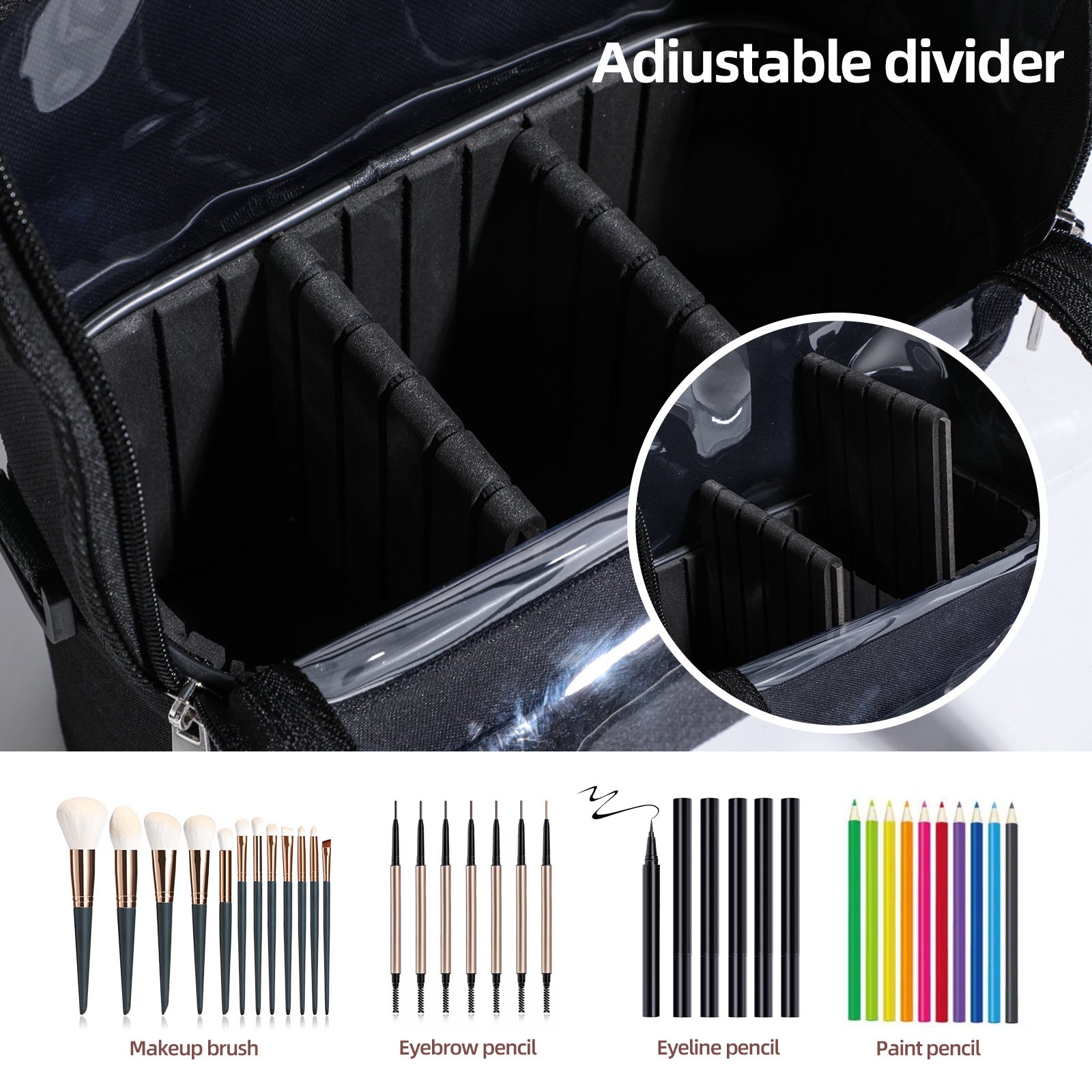 Black Professional Makeup Bag Organizer - Large Capacity Travel Cosmetic Case with Brush Holder, Adjustable Dividers & Shoulder Strap