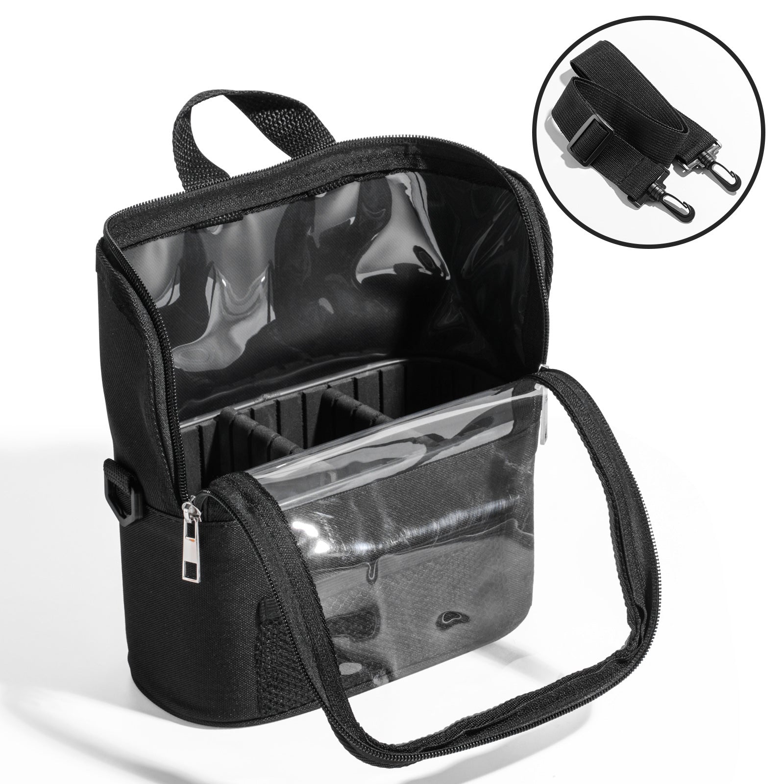 Black Professional Makeup Bag Organizer - Large Capacity Travel Cosmetic Case with Brush Holder, Adjustable Dividers & Shoulder Strap