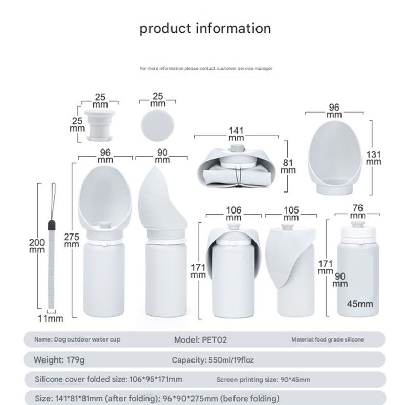 Grey Portable Pet Dog Water Bottle 550ml - Foldable Food-Grade Silicone Travel Drinker with Leak-Proof Dispenser