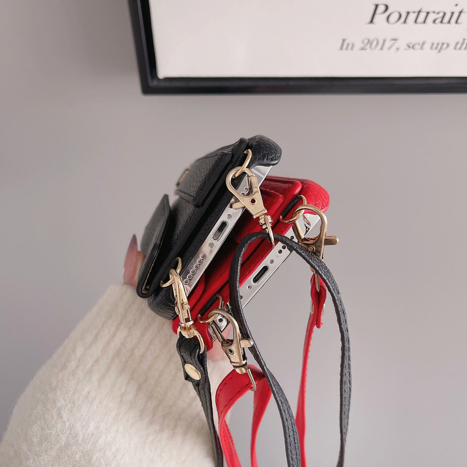 Red Chic PU Leather Crossbody Wallet Case for iPhone 16 Pro - Card Holder with Detachable Strap & Finger Ring Grip