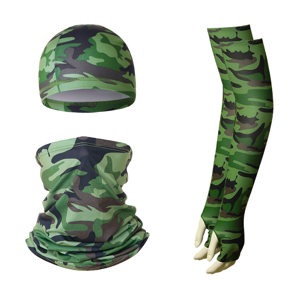2 Sets Green Camouflage Cooling UV Protection Set - 2 Skull Cap, 2 Neck Gaiter & 4 Arm Sleeves for Outdoor Sports
