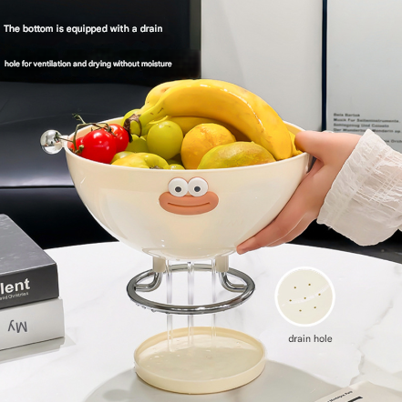 Beige Whimsical Covered Fruit Bowl with Flip Lid & Drainer - Cute Design Snack & Candy Dish for Living Room