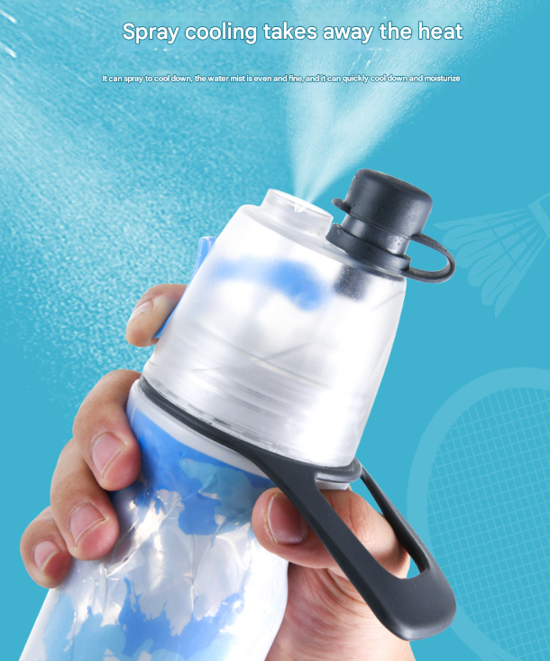 Blue 500ML Insulated Sports Water Bottle with Cooling Mist - Triple-Layer Design Keeps Drinks Cold for Hours - Portable PE Misting Bottle
