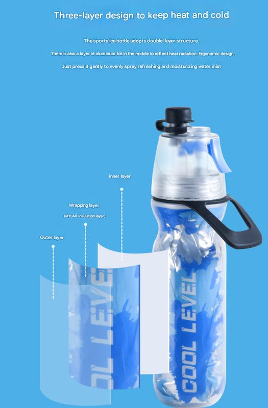 Blue 500ML Insulated Sports Water Bottle with Cooling Mist - Triple-Layer Design Keeps Drinks Cold for Hours - Portable PE Misting Bottle