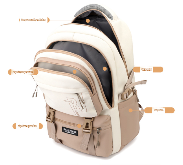 Brown and White Large Capacity Student Backpack - Durable Oxford Cloth School Bag with Laptop Compartment & Multiple Pockets