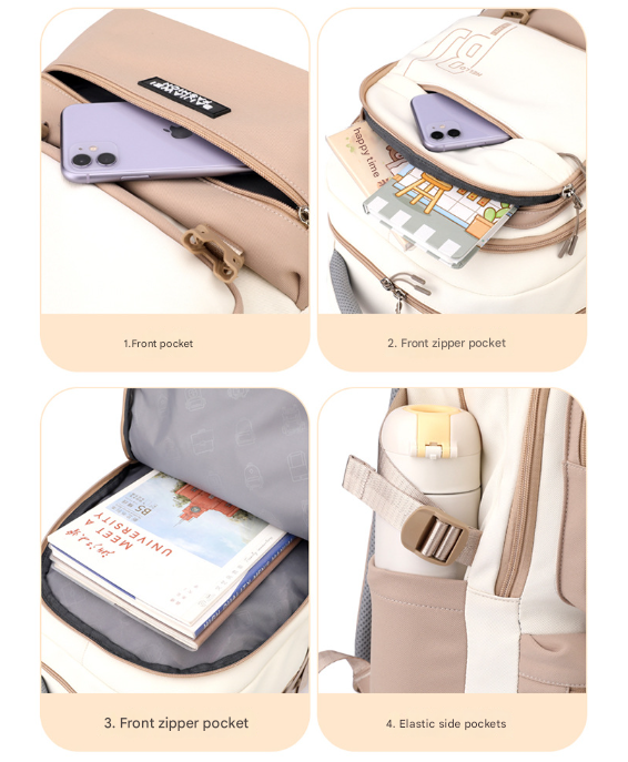 Brown and White Large Capacity Student Backpack - Durable Oxford Cloth School Bag with Laptop Compartment & Multiple Pockets