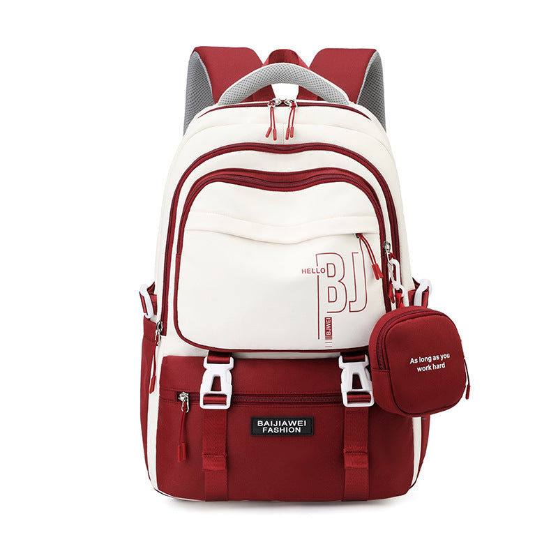 Red and White Large Capacity Student Backpack - Durable Oxford Cloth School Bag with Laptop Compartment & Multiple Pockets