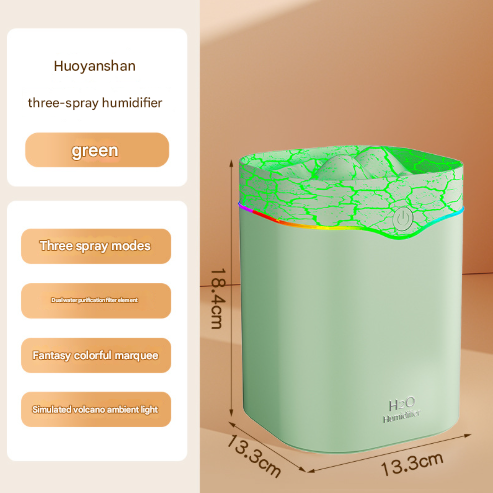 Green Volcano Style 2L Cool Mist Humidifier - Triple Nozzle with RGB LED & Quiet Operation