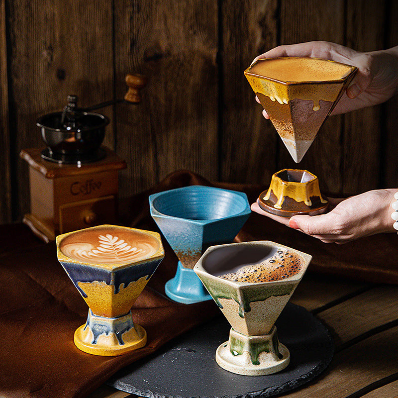 Blue and Gold Artistic Hexagonal Ceramic Coffee Cup & Stand Set - 180ml Nordic Design Drip Glaze Mug