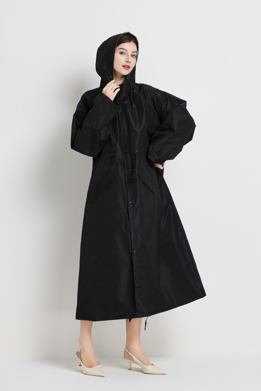 Size M Black Women's Chic Lightweight Waterproof Raincoat - Long Hooded Packable Rain Jacket with Pouch