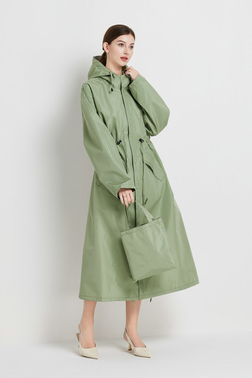 Size M Green Women's Chic Lightweight Waterproof Raincoat - Long Hooded Packable Rain Jacket with Pouch