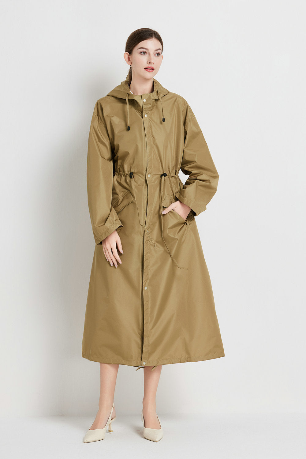 Size L Brown Women's Chic Lightweight Waterproof Raincoat - Long Hooded Packable Rain Jacket with Pouch