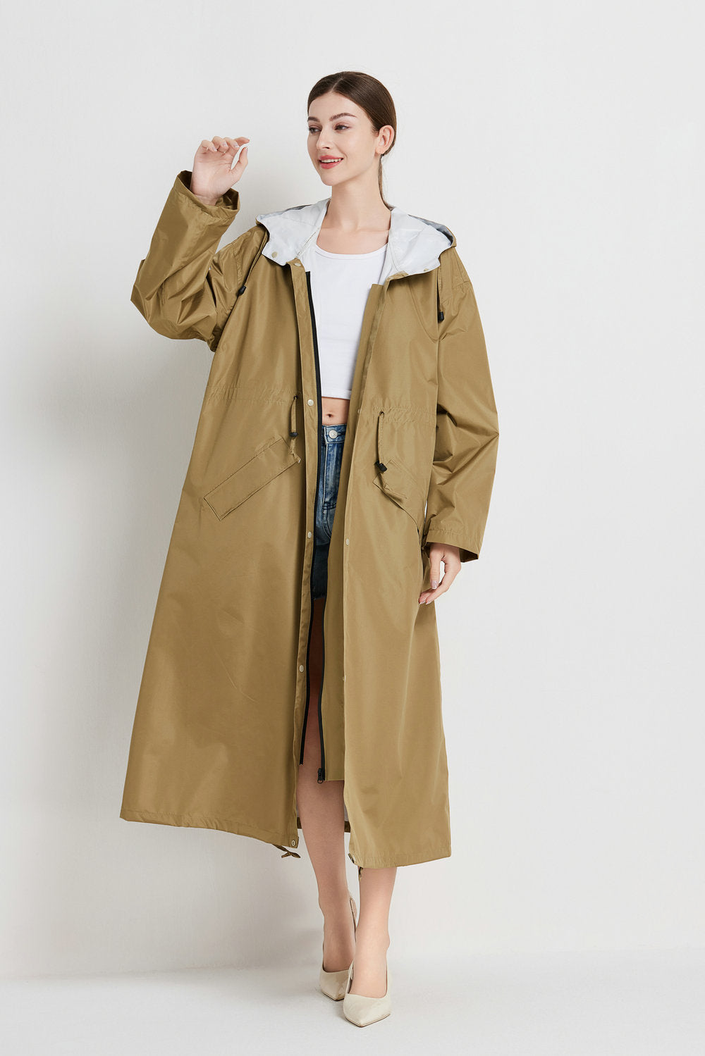 Size XL Brown Women's Chic Lightweight Waterproof Raincoat - Long Hooded Packable Rain Jacket with Pouch