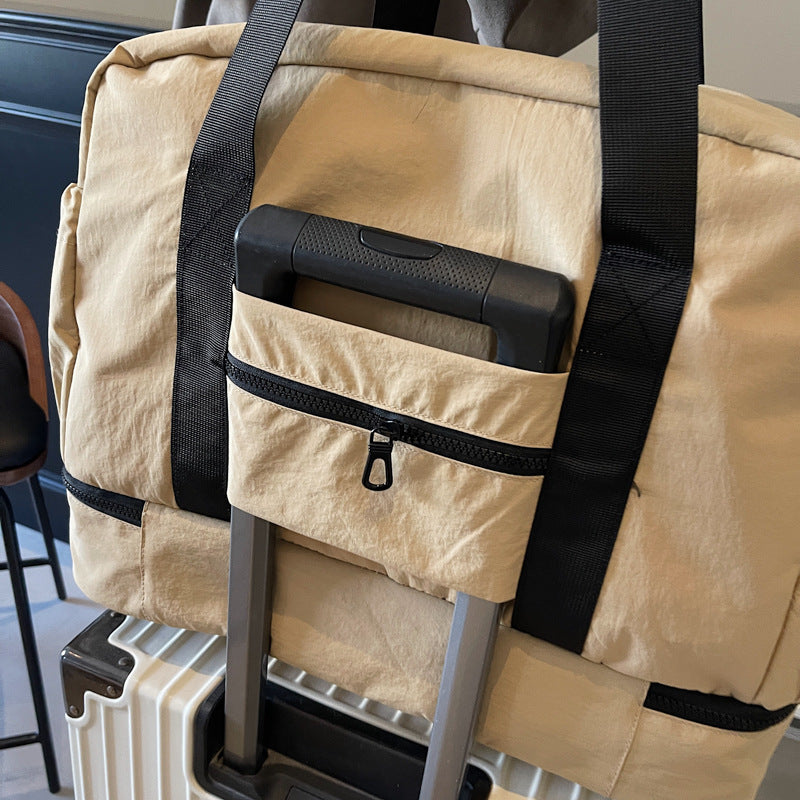 Beige and Black Large Capacity Travel Bag with Wet/Dry Separation - Canvas + Polyester, Lightweight Handbag for Short Trips and Fitness, Fits on Luggage